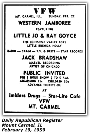 Promo Ad - VFW - Mount Carmel, IL - Little Jo and Ray Guyce - The Lonesome Valley Boys - Little Brenda Holly - Jack Bradshaw - February 1959