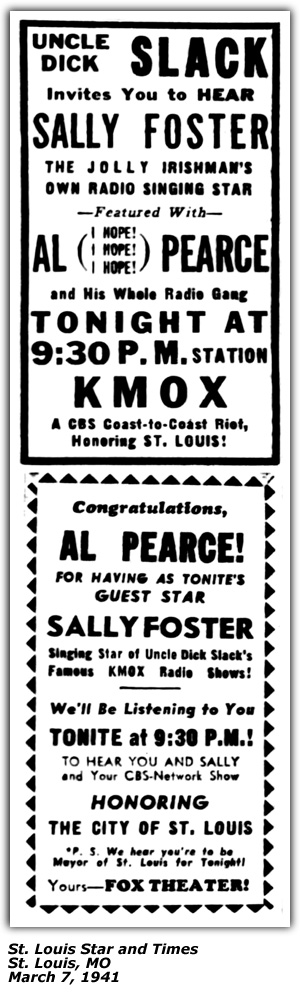 Promo Ads - Al Pearce Show - Sally Foster Guest - March 1941