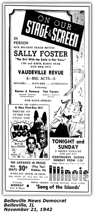 Promo Ad - Illinois Theater - Belleville, IL - Sally Foster - November 1942