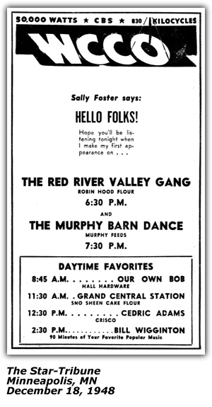 Promo Ad - WCCO - First Appearance by Sally Foster - Red River Valley Gang - Murphy Barn Dance - December 1948