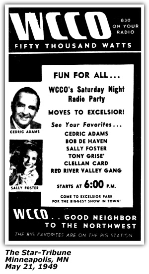 Promo Ad - WCCO - Saturday Night Radio Party - Cedric Adams - Sally Foster - Minneapolis, MN - May 1949