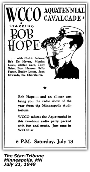 Promo Ad - WCCO Auatennial Calvacade - Bob Hope - Sally Foster - July 1949