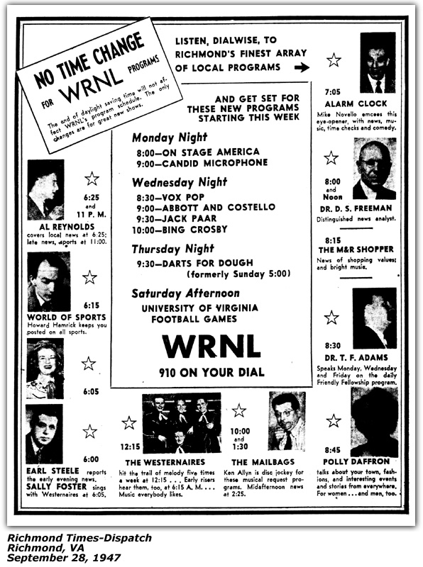 Promo Ad - WRNL - Sally Foster - Earl Steele - The Westernaires - Richmond, VA - September 1947