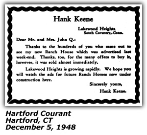 Promo Ad - Hank Keene - Lakewood Heights - Hartford, CT - December 1948