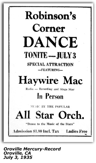 Promo Ad - Oroville CA - Robinson's Corner - Haywire Mac