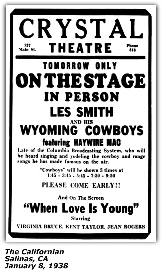 Promo Ad - Crystal Theatre - Haywire Mac - Les Smith - Wyoming Cowboys - Salinas CA - 1938