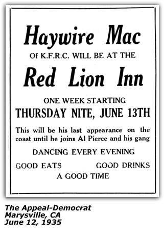 Promo Ad - Red Lion Inn - Marysville CA - Haywire Mac - 1935