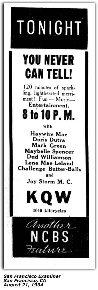 Promo Ad - KQW - SF Examiner - Haywire Mac - 1934