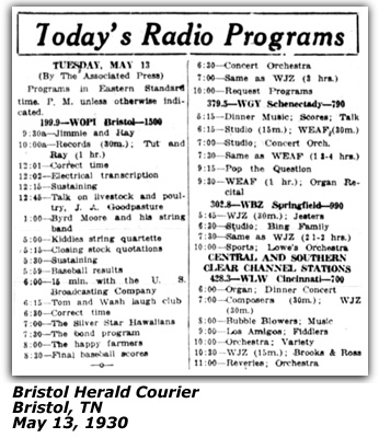 Radio Log - WOPI - Bristol TN - Byrd Moore - May 1930