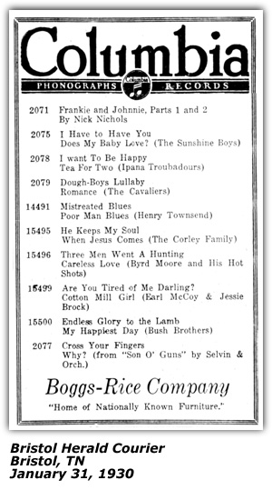 Promo Ad - COlumbia Records - Bristol, TN - Byrd Moore - January 1930