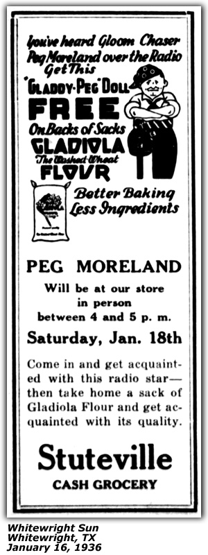 Promo Ad - Gladiola Flour - Peg Moreland - Whitewright, TX - January 1936