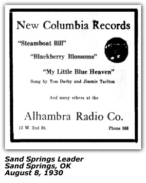 Promo Ad - ALhambra Radio Co. - Tom Darby and Jimmie Tarlton - Sand Springs, OK - August 1930