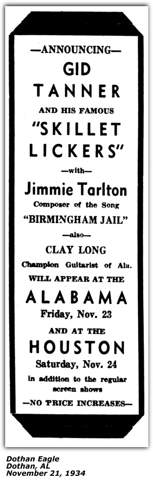 Promo Ad - Alabama and Houston Theaters - Dothan, AL - Jimmie Tarlton - Gid Tanner and his Skillet Lickers - November 1934