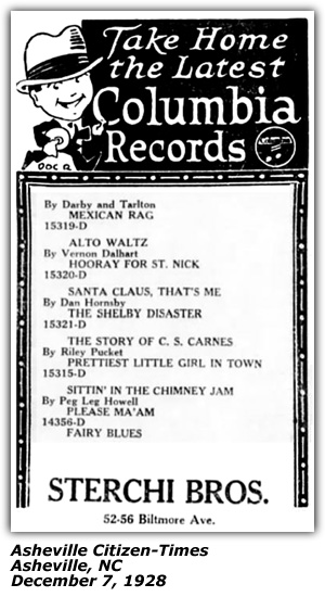 Promo Ad - Columbia Records - Sterchi Brothers - Asheville, NC - Darby and Tarlton - Mexican Rag - December 1928