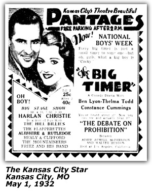 Promo Ad - Pantages Theatre - Aleshire & Rutledge - Lennie Aleshire - Floyd (Goo-Goo) Rutledge - Kansas City, MO - May 1932