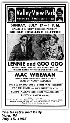 Promo Ad - Valley View Park - Lennie and Goo Goo - Mac Wiseman - Hellam, PA - July 1955