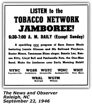 Promo Ad - Tobacco Network Jamboree - Lonnie Glosson - Raleigh NC - 1946