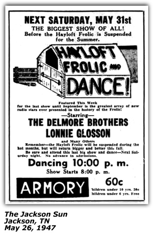 Promo Ad - WTJS Hayloft Frolic and Dance - Jackson TN - 1947 - Lonnie Glosson - Delmore Brothers