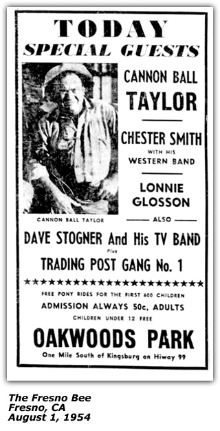 Promo Ad - 1954 - Oakwoods Park - Fresno CA - Dub Taylor, Dave Stogner, Lonnie Glosson, Chester Smith