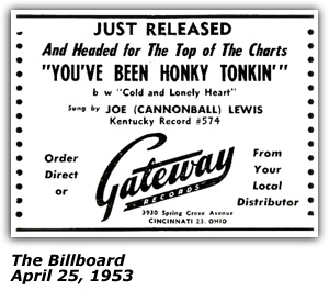 Promo Ad - Gateway Records - Joe (Cannonball Lewis) - You've Been Honky Tonkin' - April 1953