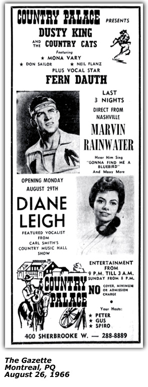 Promo Ad - Country Palace - Montreal - Dianne Leigh - August 26 1966