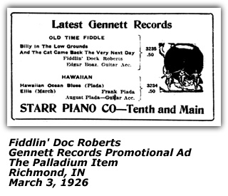 Gennett Records Ad - Fiddlin' Doc Roberts - Circa 1926