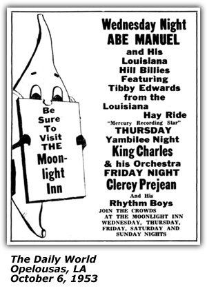 Promo Ad - Moonlight Inn - Opelousas, LA - Abe Manuel and his Louisianna Hillbillies - Tibby Edwards - October 1953