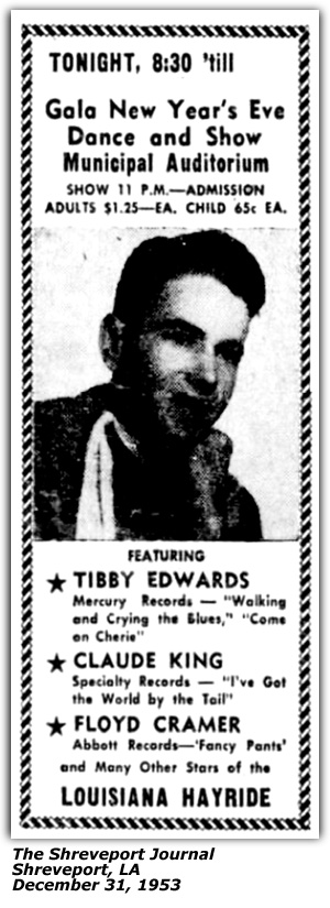 Promo Ad - Municiapl Auditorium - Shreveport, LA - Tibby Edwards - Claude King - Floyd Cramer - Louisiana Hayride - December 31, 1953