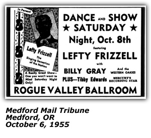 Promo Ad - Roge Valley Ballroom - Medford, OR - Lefty Frizzell - Tibby Edwards - Billy Gray - October 1955