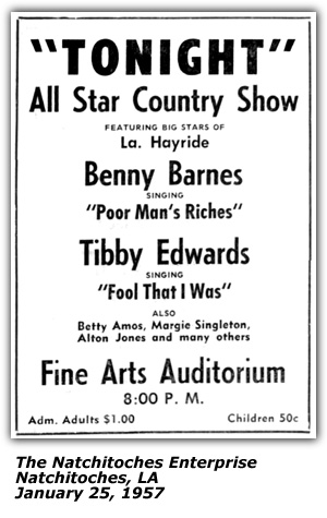 Promo Ad - Fine Arts Auditorium - Natchitoches, LA - Benny Barnes - Tibby Edwards - Betty Amos - Margie Singleton - Alton Jones - January 1957