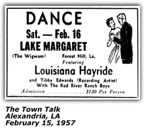 Promo Ad - Lake Margaret (The Wigwam) - Forest Hill, LA - Louisiana Hayride - Tibby Edwards - Red River Ranch Boys - February 1957