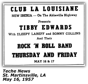 Promo Ad - Club La Louisiane - New Iberia, LA - Tibby Edwards - Sleepy LaBeef - Sonny Collins - May 1957