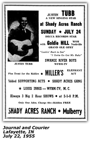 Promo Ad - Shady Acres Ranch - Mulberry, IN - Justin Tubb - Goldie Hill - July 1955