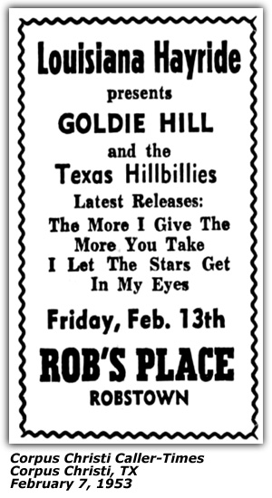 Promo Ad - Rob's Place - Robstown, TX - Goldie Hill - Texas Hillbillies - February 1953