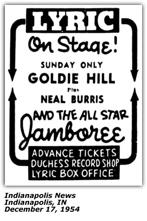 Promo Ad - Lyric Theater - Indianapolis, IN - Goldie Hill - Neal Burris - December 1954