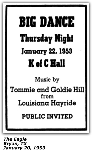 Promo Ad - K of C Hall - Bryan, TX - Tommie and Goldie Hill - January 1953