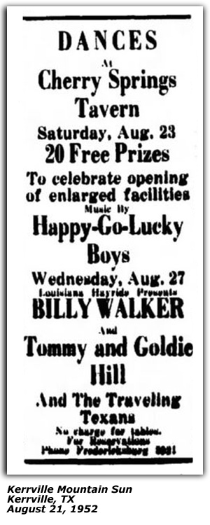 Promo Ad - Cherry Springs Tavern - Kerrville, TX - Happy-Go-Lucky Boys - Billy Walker - Tommy and Goldie Hill - The Traveling Texans - August 1952