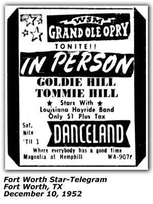 Promo Ad - Danceland - Goldie Hill - Tommie Hill - Louisiana Hayride Band - Grand Ole Opry - Fort Worth, TX - December 1952