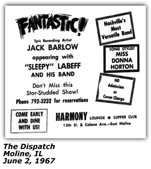 Promo Ad - Sleepy Labeff, Jack Barlow - Moline, IL - June 1967