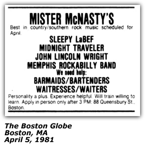 Promo Ad - Mister McNasty's - Boston MA - Sleepy LaBeef - 1981