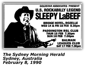 Promo Ad - Bridge Hotel Rozelle - Paddington RSL Club - Balmain Leagues Club - Sydney Australia - Sleepy LaBeef - 1990