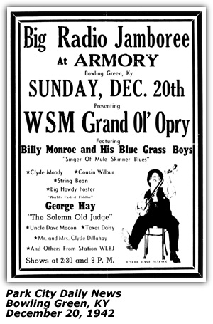 Promo Ad - Bowling Green, KY - Armory - Billy Monroe and Bluegrass Boys - Clyde Moody - Uncle Dave Macon - George Hay - December 1942