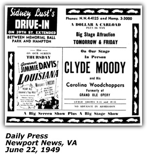 Promo Ad - Sidney Lust's Drive-In - Newport News, VA - Clyde Moody and his Carlina Woodchoppers - June 1949