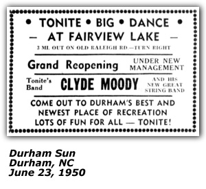 Promo Ad - Fairview Lake - Durham, NC - Clyde Moody and his great new string band - June 1950