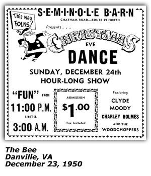 Promo Ad - Seminole Barn - Danville, VA - Clyde Moody - Charley Holmes - Woodchoppers - December 1950