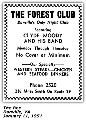 Promo Ad - The Forest Club - Danville, VA - Clyde Moody and his Band - January 1951