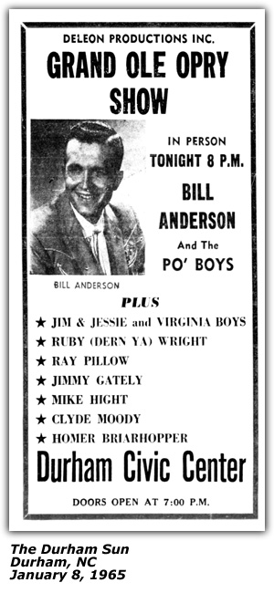 Promo Ad - Durham Civic Center - Durham, NC - Bill Anderson - Clyde Moody - HOmer Briarhopper - Jim and Jesse and the Virginia Boys - Ruby Wright - Ray Pillow - Jimmy Gately - Mike Hight - January 1965