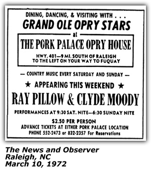 Promo Ad - The Pork Palace Opry House - Raleigh, NC - Ray Pillow - Clyde Moody - March 1972