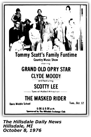 Promo Ad - Davis Middle School - Hillsdale, MI - Tommy Scott's Family Funtime - Clyde Moody - Scotty Lee - The Masked Rider - October 1976