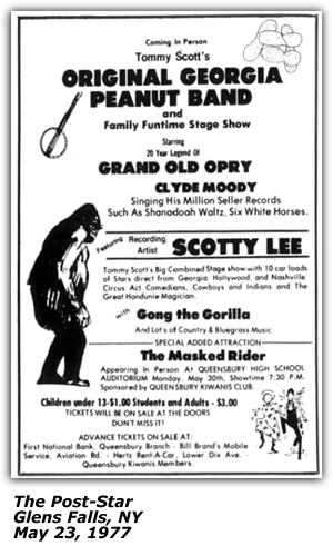 Promo Ad - Queensbury High School Auditorium - Glens Falls, NY - Tommy Scott's Original Georgia Peanut Band - Clyde Moody - Gong the Gorilla - May 1977